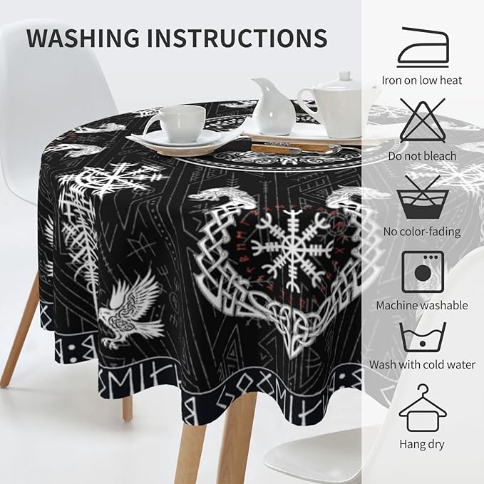 Norse Viking Tablecloth, Nordic Mythology Tree of Life Crow Ancient Mythical Viking Raven Print Water Resisitant Table Cover for Dining Kitchen Living Room Home Party Holiday Decor 70 inch Round