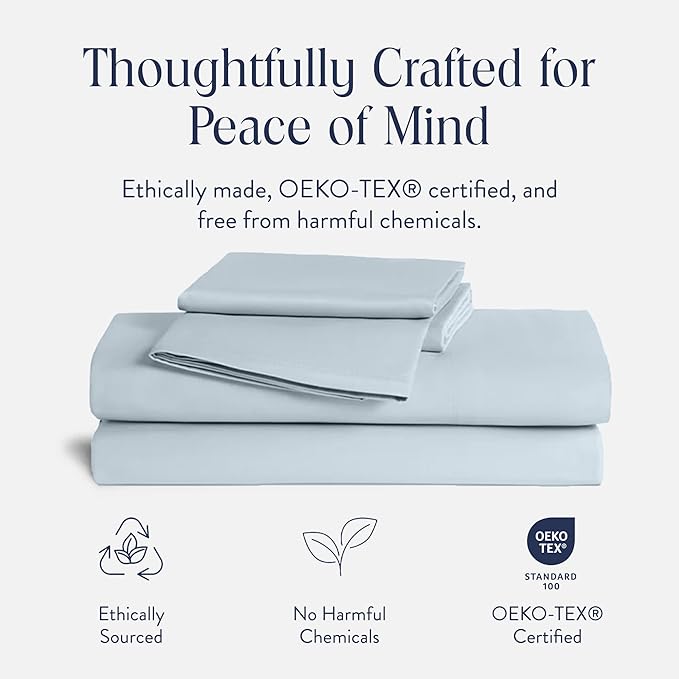 Brooklinen Luxury Sateen 4 Piece Sheet Set - 100% Cotton Bed Sheets, Soft & Durable King Size Sheets Set in Sky, Oeko-TEX Certified Bedding Set, 1 Fitted Sheet, 1 Flat Sheet, 2 Pillowcases