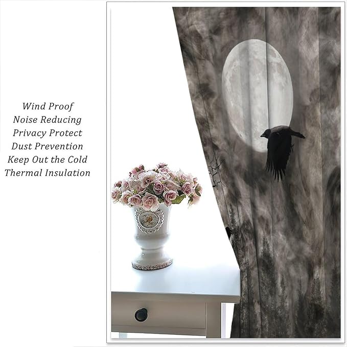 Gothic Crow Blackout Window Curtains, Gothic Style Dark Sky Full Moon Raven Halloween Pattern Window Drapes, for Home Bedroom Living Room 36(W)*63(L) 2 Panels