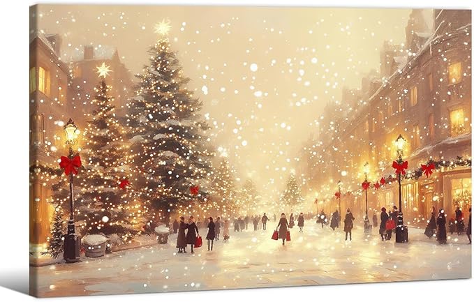Winter Christmas Landscape Wall Art Fashion Snowscape Poster Vintage Cozy Scenic Canvas Prints 16x24 inch Framed for Living Room Office Wall Decor