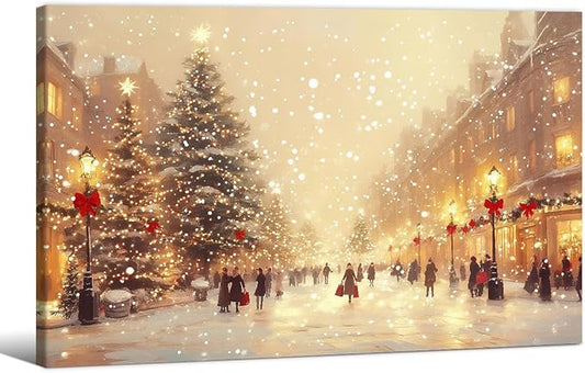 Winter Christmas Landscape Wall Art Fashion Snowscape Poster Vintage Cozy Scenic Canvas Prints 16x24 inch Framed for Living Room Office Wall Decor