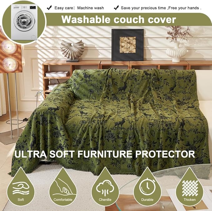 ROOMLIFE Green Couch Cover Sofa Covers, Chenille Couches Covers for 3 Cushion Sofas, Non Slip Soft Breathable Sofa Slipcovers for Pet, Washable Furniture Protector with Tassel,71''X134”