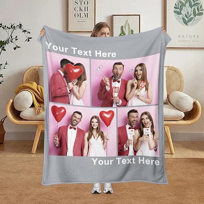 Jecivila Custom Blanket with Picture Text Personalized Photo Flannel Throw Blankets Customized Couple Gifts for Girlfriend Boyfriend Wife Husband on Valentine's Day Birthday