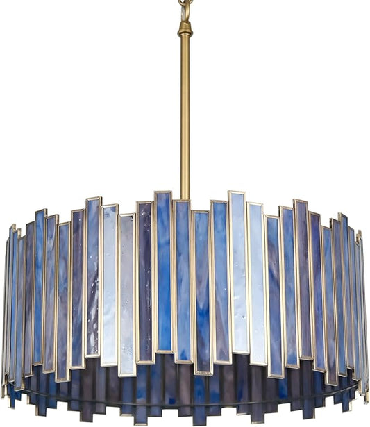 Drum Chandelier 4-Light, Brass Gold Tiffany Pendant Lighting Fixture with Stained Deep Blue Glass Shade, 16” Round Ceiling Hanging Lamp for Bedroom Dining Room Kitchen Entryway Living Room