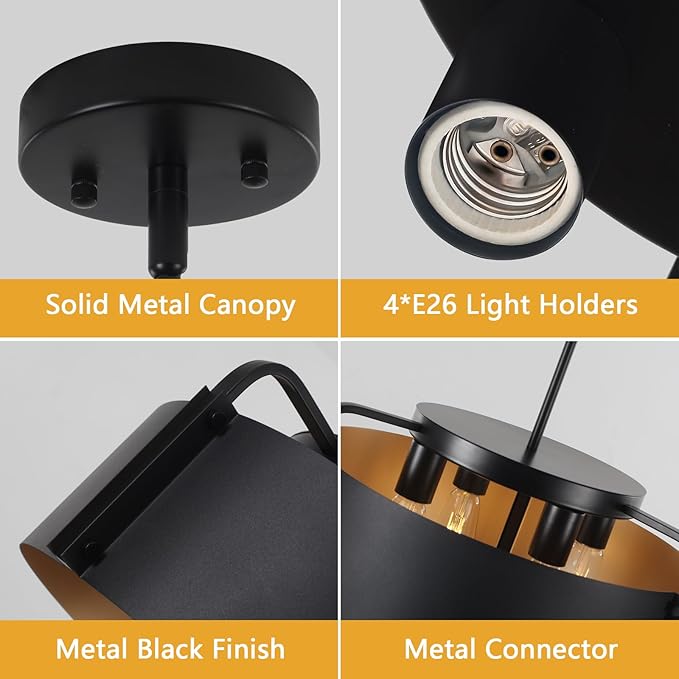 Chandelier, 4-Light Industrial Drum Chandeliers Matte Black Dining Room Light Fixture Flush Mount Pendant Light 18" for Foyer Entryway Kitchen Hallway Bedroom, E26 Base(Not Included Bulb)