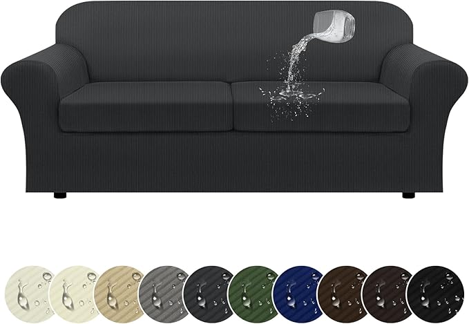 100% Waterproof Couch Cover 3-Piece Set Striped Sofa Slipcovers for 2 Cushion Couch Sofa Covers with TPU Leakproof Bottom Stretch Couch Protector Pet Proof - Sofa(2-Cushion), Dark Gray