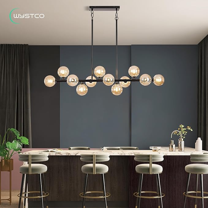 50 Inch Large Sputnik Globe Chandelier, 12-Light Mid Century Modern Light Fixture Over Table, Black Linear Chandeliers for Dining Room Kitchen Island Living (Amber Glass Bubble Shades)