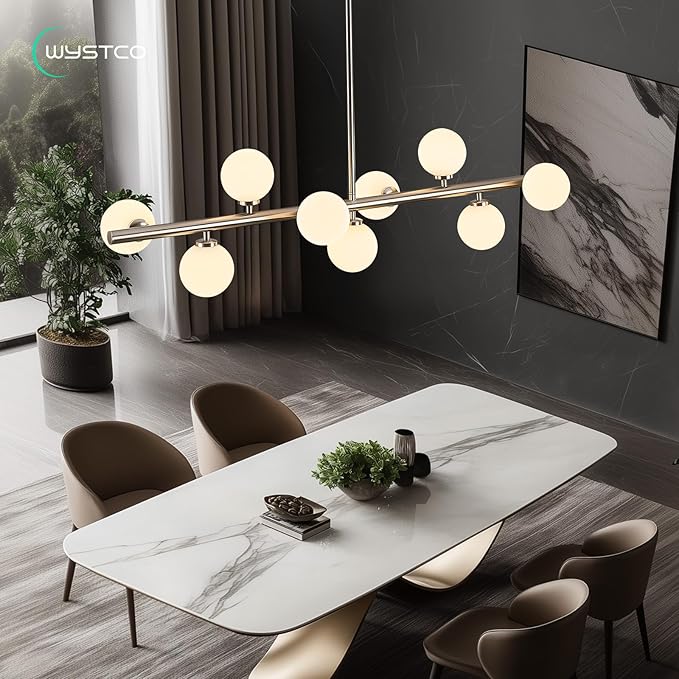 Mid Century Modern Globe Sputnik Chandelier, 9-Light Linear Chandeliers for Dining Room and Kitchen Island, Dining Light Fixture Over Table, Nickel and Milk White Glass Bubble, 40 Inch
