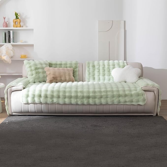 Faux Fur Couch Cover, Soft Warm Plush Sofa Couch Cover, Non Slip Sectional Sofa Slipcovers for L Shaped, Washable Furniture Protector for Kids, Dogs(Green, 36"×63")