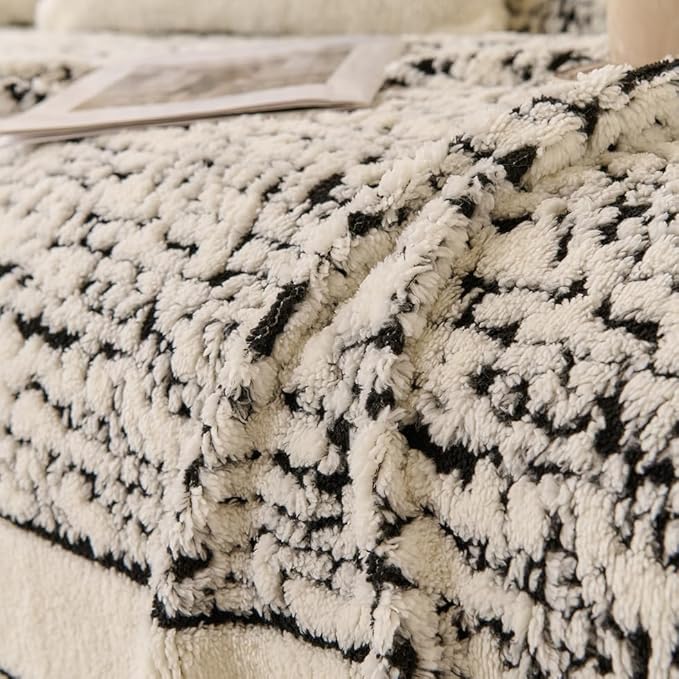 ROOMLIFE Thicked Striped Boho Black Couch Cover for 2-3 Cushion Sofa, Fuzzy Plush Warm Sofa Slipcovers Sectional Sofas Covers, Non Slip Washable Furniture Protector Soft with Tassel,Winter 71''X150”