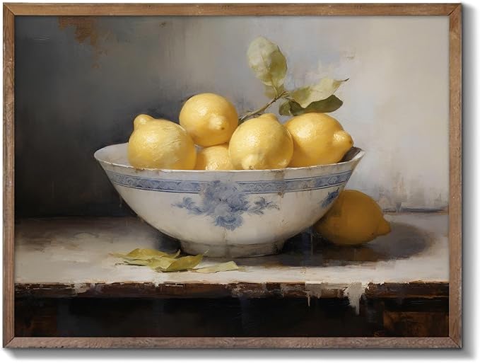 XOCUUI Farmhouse Still Life Picture Living Room Warm Moody Muted Yellow Lemon Oil Painting Art Deco Wall Art For Kitchen Rustic Vintage Decor For Bedroom Antique French Poster 8 X 10 Unframe