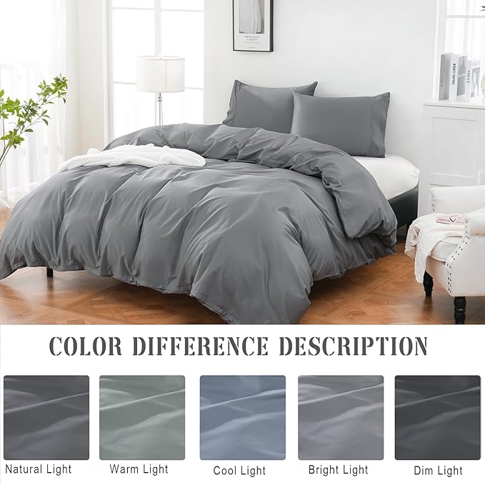 100% Organic Cotton Duvet Cover King 400 Thread Count Sateen Comforter Cover Soft and Breathable Cooling Bedding Set 3 Piece（Grey,King）