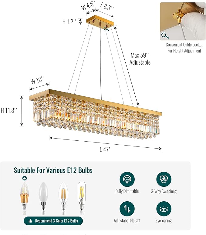 Siljoy 10-Light Modern Crystal Chandelier Gold Rectangular Crystal Raindrop Chandelier Luxury Large Rectangle Flush Mount Pendant Ceiling Light for Dining Room Kitchen Island Bar L47'' x W10'' x H10''
