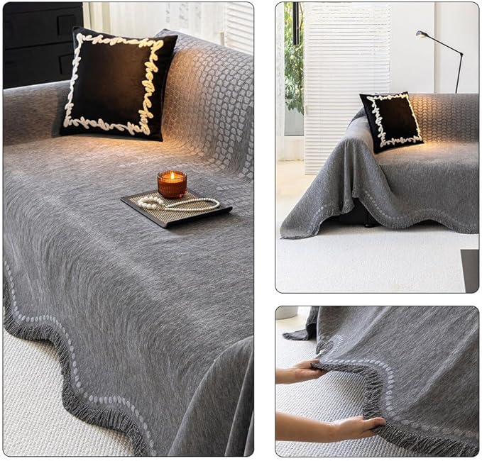 ROOMLIFE Gray Couch Cover Boho Sofa Covers for 3 Cushion Couch Washable, Furniture Protector Sofa Couch Cover for Dogs, Soft Chenille Sofa Slipcover, Couch Throw Blankets with Tassels 71 '' X 134''