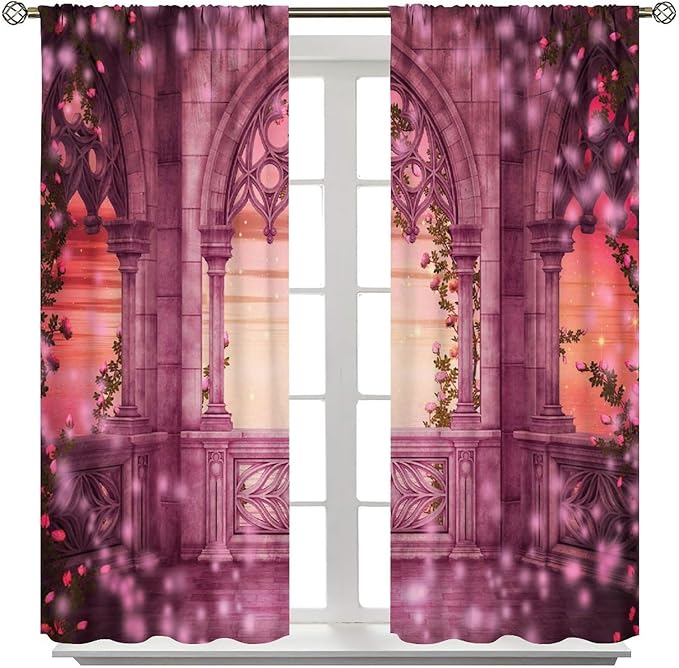 Gothic Mid Century Blackout Curtains, Medieval Balcony Mysterious Red Rose Print Pattern Window Drapes, for Living Room Bedroom 31.5(W)*63(L) 2 Panels