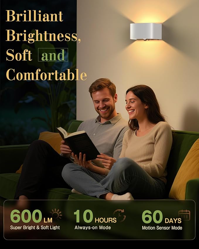 Wall Light Motion Sensor 2 Pack, Wall Sconces LED Indoor with Remote Control 3 Colors Brightness Adjustable 5000mAh Rechargeable Battery Powered Wall Lamps for Bedroom Living Room