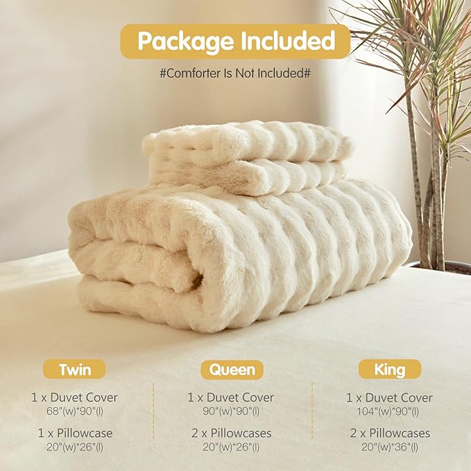 Tokokimo Beige Fluffy Duvet Cover King Size, Faux Rabbit Fur Comforter Cover King Set 3 Pieces (1 Shaggy Duvet Cover+2 Pillowcases) Fuzzy Bedding Set (Beige, King)
