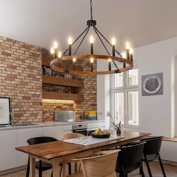 32'' Solid Wood Wagon Wheel Chandelier, 12-Light Farmhouse Chandeliers for Dining Room, Round Rustic Light Fixtures for Foyer Living Room Kitchen Island Entryway, E12