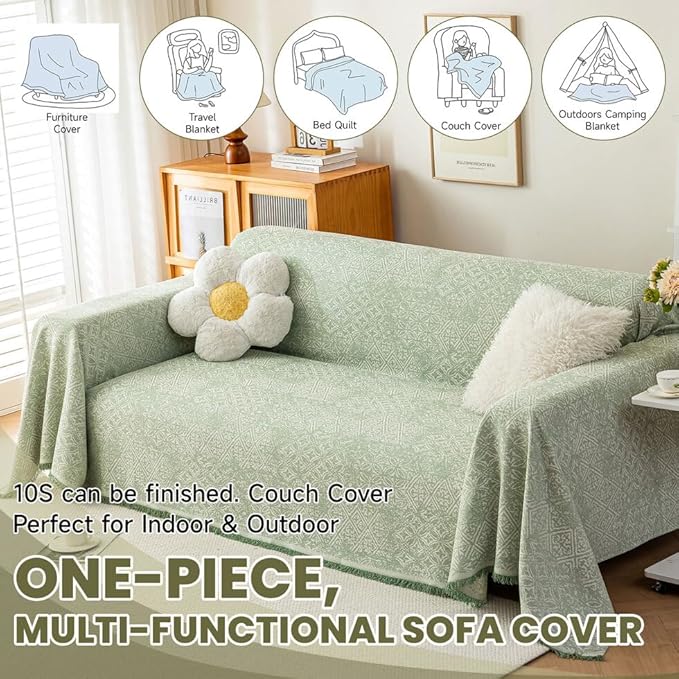 ROOMLIFE Green Sofa Cover, Vintage Boho Couch Cover for 3 Cushion Sofa, Soft Breathable Sofa Cover for Dog, Washable Furniture Sofa Protector Cover Blanket with Tassel for Living Room, 71 '' X 150''