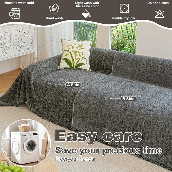 ROOMLIFE Gray Couch Cover Boho Sofa Covers for 3 Cushion Couch Washable, Furniture Protector Sofa Couch Cover for Dogs, Soft Chenille Sofa Slipcover, Couch Throw Blankets with Tassels 71 '' X 150''
