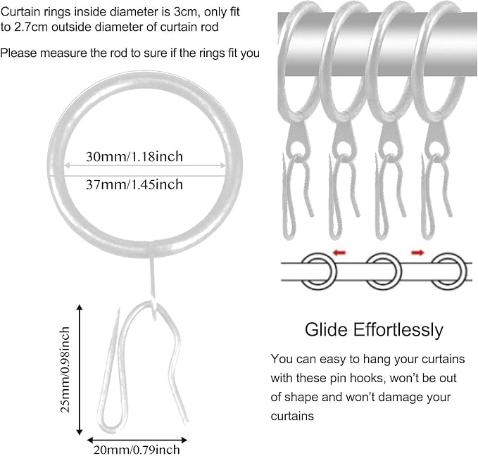 60 Pcs Metal Drapery Curtain Rings & Hooks, 30 mm Internal Diameter (Matt Silver)