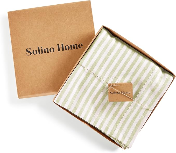 Solino Home Linen Striped Tablecloth 60 x 108 Inch - 100% Pure Linen Sage and White Table Cloth for Rectangle Tables - Amalfi Stripe, Machine Washable Tablecloth for Thanksgiving, Christmas, Winter
