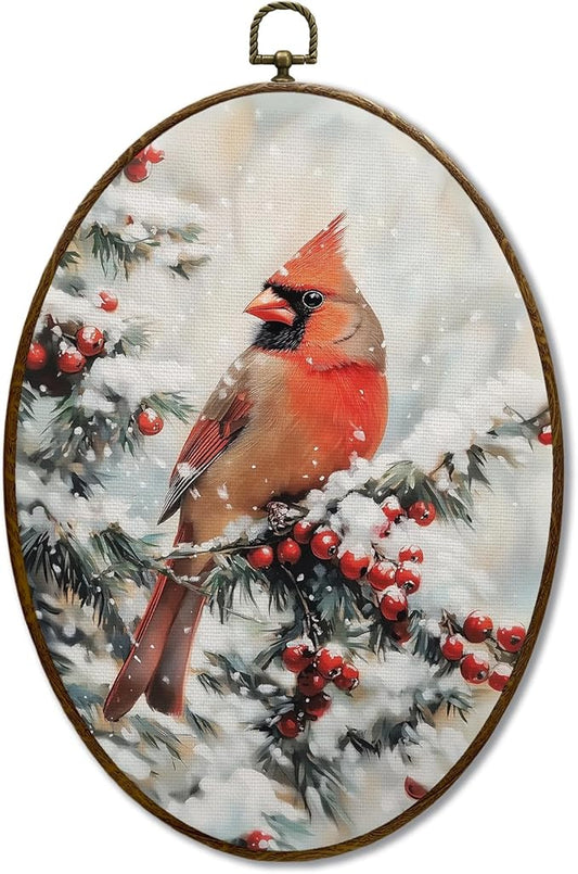 JQF Christmas Cardinal Oval Wall Decor, Rustic Winter Xmas Oval Canvas Wall Art, Christmas Cardinal Holiday Framed Prints Hanging Decor for Farmhouse Home Living Room Bedroom, 8.5x11.5 Inch