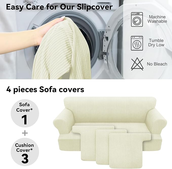 Waterproof Couch Cover 4-Piece Set Striped Sofa Slipcovers for 3 Separate T Cushion Couch - TPU Fabric Sofa Covers Leakproof Couch Protector for Kids, Pets(3 Cushion Sofa, Ivory)