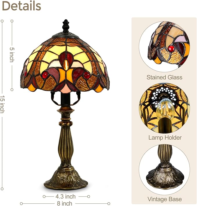 Tiffany Style Table Lamp - 8 Inch Baroque Stained Glass Lamp Vintage Desk Lamps with LED Bulb, Lamps for Night Stands Desk Light for Bedroom Living Room Home Office Ideal Gifts for Family Friends