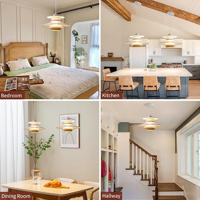 Modern Decor Adjustable Pendant Lamp Kitchen Island, Aluminum and Wood Finish,1-Light E26 Base Ceiling Hanging Light for Dining Room Shop Restaurant (White+Light Wood Grain, 35cm)