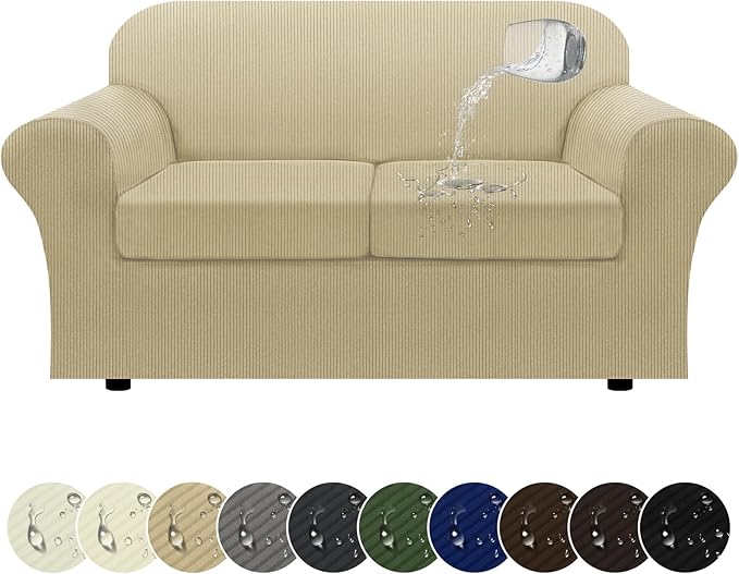 100% WaterproofLoveseat Cover 3-Piece Set Striped Loveseat Slipcovers for 2 Cushion Couch Sofa Covers with TPU Leakproof Bottom Stretch Couch Protector Pet Proof - Loveseat, Camel