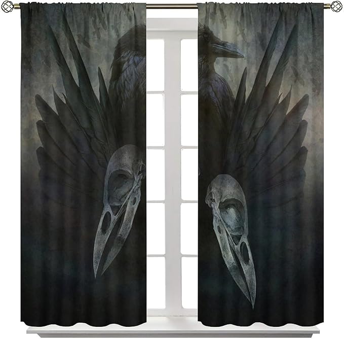 Gothic Blackout Window Curtains, Halloween Black Raven Crow Black Dark Wings Rod Pocket Window Treatments Drapes, for Living Room Bedroom 42(W)*84(L) 2 Panels