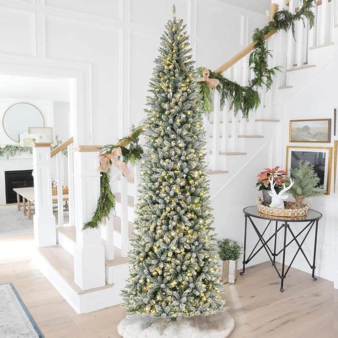 Glitzhome 11ft Prelit Artificial Christmas Tree, Snowy Splendor Fir Hinged Pencil Christmas Tree Holiday Decoration with 950 Warm White Lights and Foldable Metal Stand, Easy Assembly