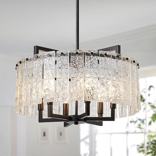 Shrine Lighting Crystal Chandeliers, Modern Luxury Style, Perfect Pendant Light Fixture for Living Space, D20'' × H4'', Adjustable 43'', 6 x E12 Sockets, Glass Shade & Black Finish Frame