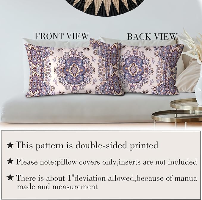 Boho Throw Pillow Covers 12x20 inch Set of 2,Boho Vintage Carpet Pattern Antique Ethnic Decor Double Sided Pattern Cushion Cover Soft Pillow Case Living Sofa Room Bed Square Pillow Cover
