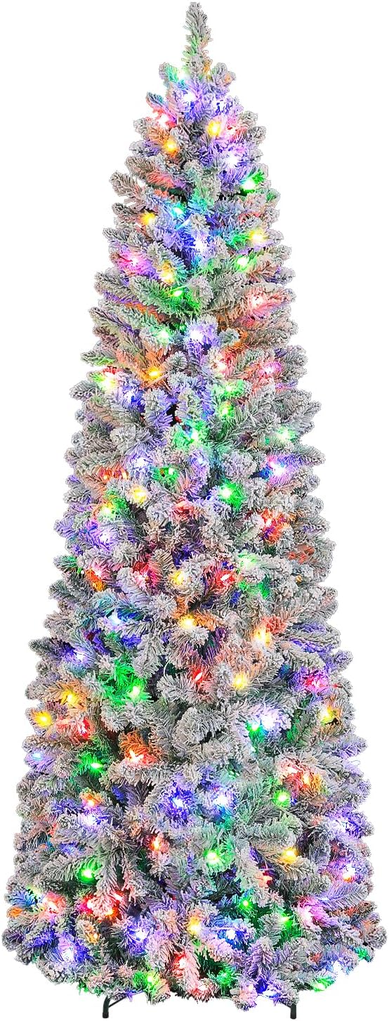 Hykolity 6ft Pre-Lit Snow Flocked Slim Tree, 200 Multi Color LED Lights, 544 Realistic PVC Tips, Hinged Design, Metal Base, 10 Modes