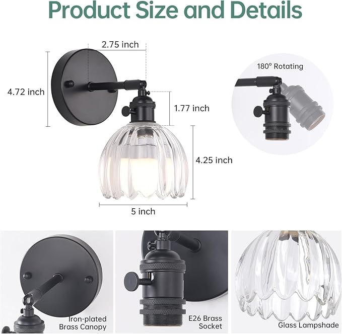 Vintage Battery Operated Wall Sconce with Transparent Tulip Glass Lampshade Rechargeable Battery Powered Black Wall Light with Remote Control for Bedside Bedroom Doorway, Set of 2