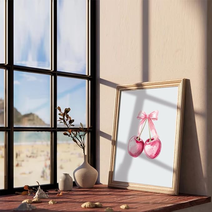 Trendy Pink Bows Wall Art Coquette Preppy, Vintage Preppy Cherry Posters Prints, Pink Girly Room Aesthetic Wall Decor Painting For College Dorm Living Room Bedroom Unframed 8x10