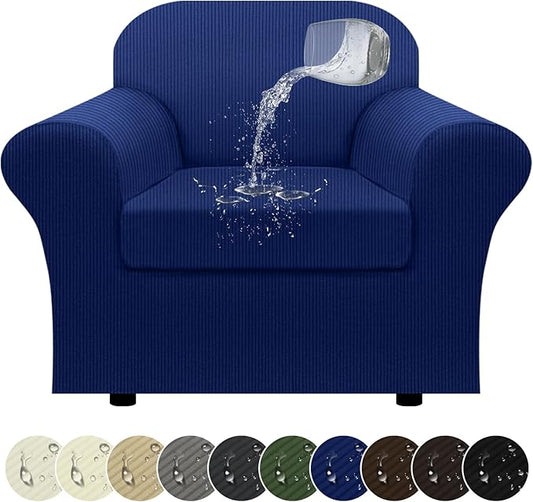 100% WaterproofChair Cover with Arms 2-Piece Set Striped Armchair Slipcovers with TPU Leakproof Bottom Stretch Couch Protector Pet Proof - Chair, Navy