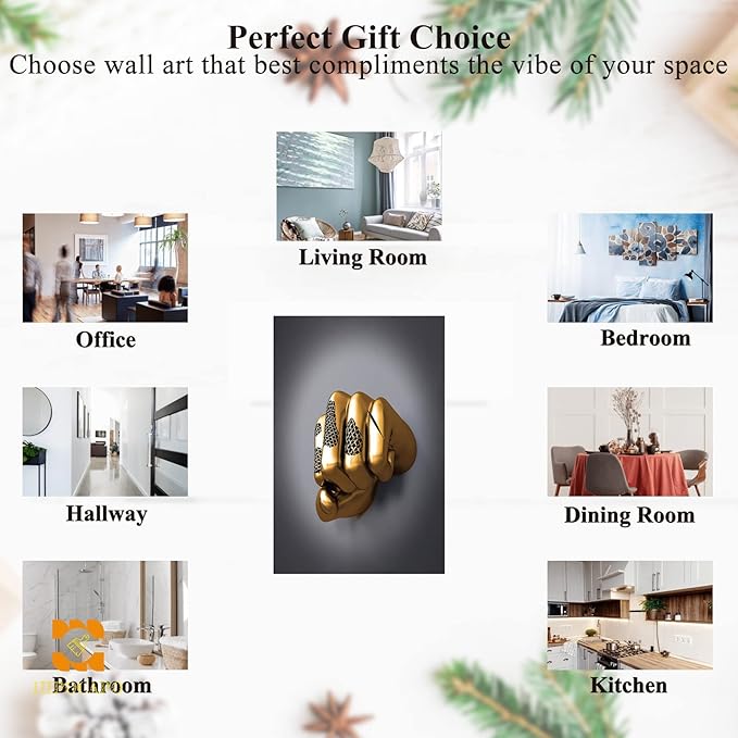 3D Wall Art - Abstract 3D Metal Effect Canvas Wall Art, 3D Modern Large Wall Art for Office, Golden Boxer Gesture 3D Art Wall Decor for Modern Bedroom Decor Framed 12”x18”x1Pcs