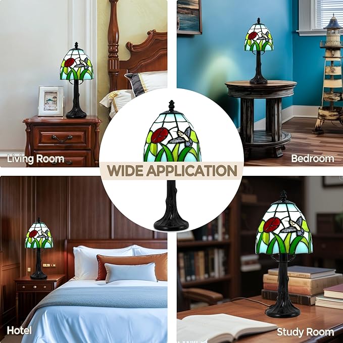 Tiffany Style Table Lamp - 6 Inch Stained Glass Table Lamps with Hummingbird & Flower, Vintage Tiffany Style Bedside Lamp, Small Desk Light with LED Bulb for Home Decor Ideal Gifts for Family Friends