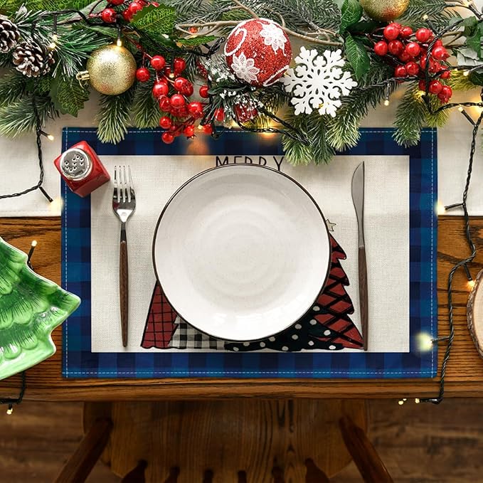 Artoid Mode Blue Waterclor Buffalo Plaid Christmas Trees Placemats Set of 4, 12x18 Inch Winter Table Mats for Outdoor Home Party Kitchen Dining Decor