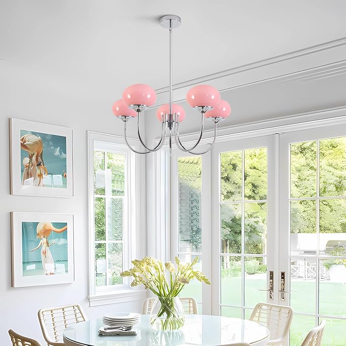 BOKT Nordic Pink Chandelier 5 Heads Chrome Chandelier Pendant Light Fixture Dining Room Oval Glass Globe Ceiling Chandeliers Elegant Decorative Chandeliers for Girls' Bedroom
