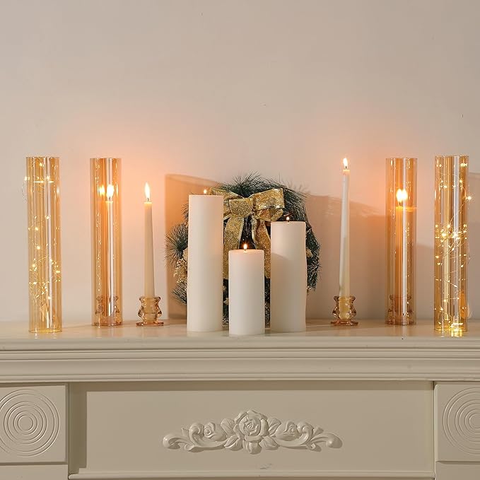 12 Set Christmas Glass Hurricane Candle Holders 12.6" Open Ended Glass Candleholder Tube Shape Bottomless and 2.2" Taper Clear Candlestick Holders for Wedding Party Table Centerpiece (Amber)