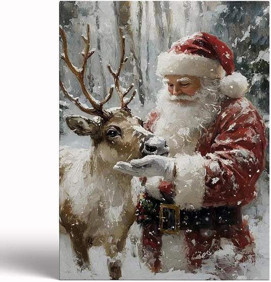 Santa With Reindeer Wall Art Print,Vintage Christmas Farmhouse Prints,Rustic Winter Holiday Decor