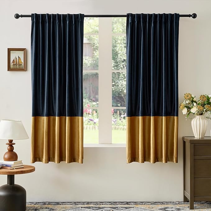 Velvet Curtains for Living Room Navy Blue Gold 63 inches Long,2 Panels Blackout Curtains Modern Color Block Back Tab Rod Pocket Soundproof Drapes for Bedroom Window Decor