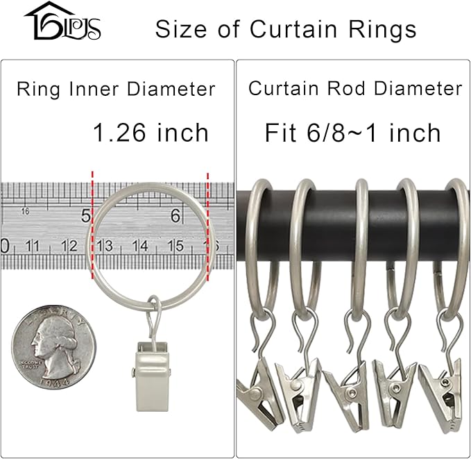 40 Pack Curtain Rings with Clips, Curtain Clip Rings Hooks, Bow Hanger Clips for Hanging Drapery Drapes Bows, Ring 1.26 inch Interior Diameter, Fits up to 1" Rod, Matte Silver