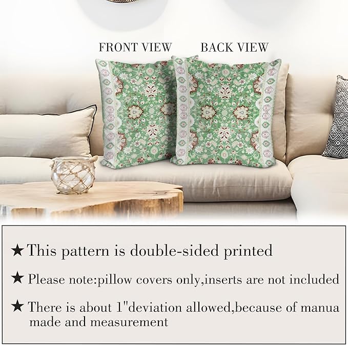 Boho Floral Throw Pillow Covers 18x18 inch Set of 2,Green Boho Rug Geometric Floral Pattern Decor Double Sided Pattern Cushion Cover Soft Pillow Case Living Sofa Room Bed Square Pillow Cover