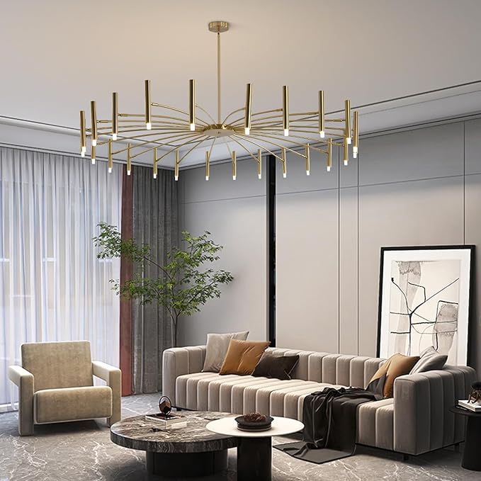 KCO Lighting Mid Century Modern Gold Sputnik Chandelier 24-Light Antique Brushed Brass Large LED Chandeliers Farmhouse Hanging Semi Flush Mount Ceiling Light Kitchen Island Dining Pendant Lights