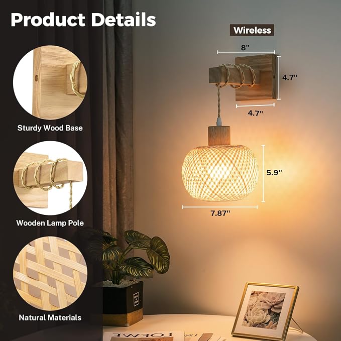 Battery Operated Wall Sconce with Remote Set of 2, Rechargeable Boho Wall Sconces with 8000mAh Bulbs, Woven Bamboo Wall Light/Lamp Rattan Wall Sconce for Bedroom